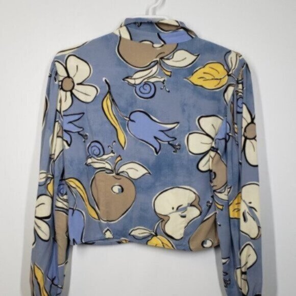 Zara Cropped Long Sleeve Floral Print Button up Top Size Medium Blue Whi… - Picture 4 of 12